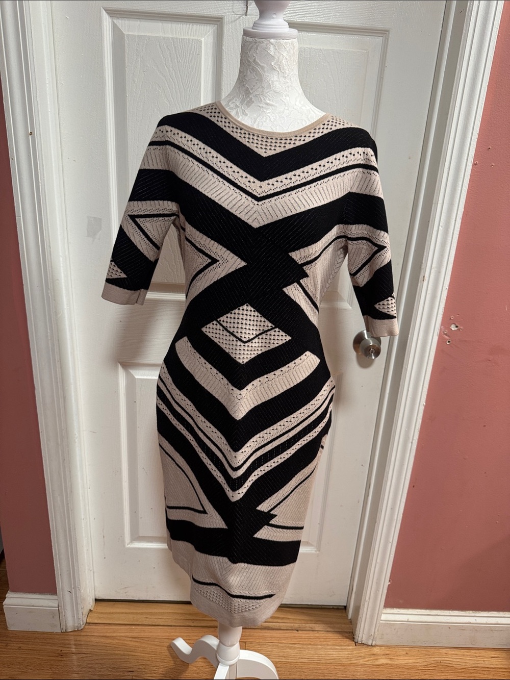 Karen Millen Black & Beige Geometric Midi Dress NWOT